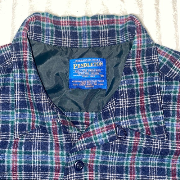 Pendleton Board Shirt Blue and Green Plaid Wool Shirt Loop Collar - Picture 2 of 9